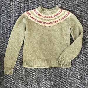 Woolrich Fair Isle Green and Cream Knit Wool Sweater, Size XS-Small